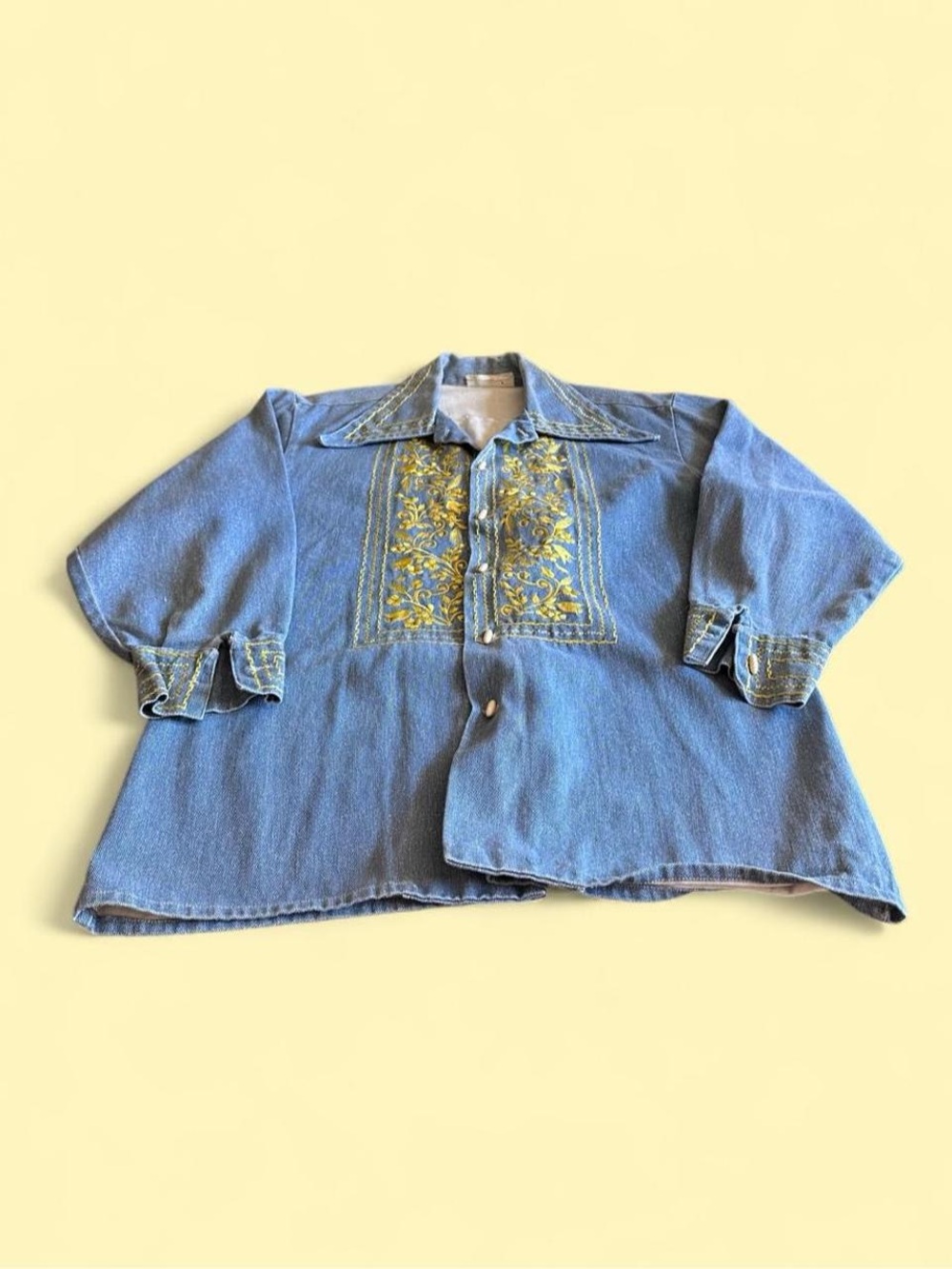 Vintage 70s Embroidered Heavyweight Denim Dagger Collar Shirt Women’s Size XL